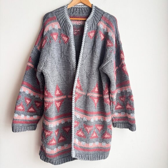 Vintage Handmade Grey Pink Southwestern Print Open Front Cardigan L - Picture 2 of 5